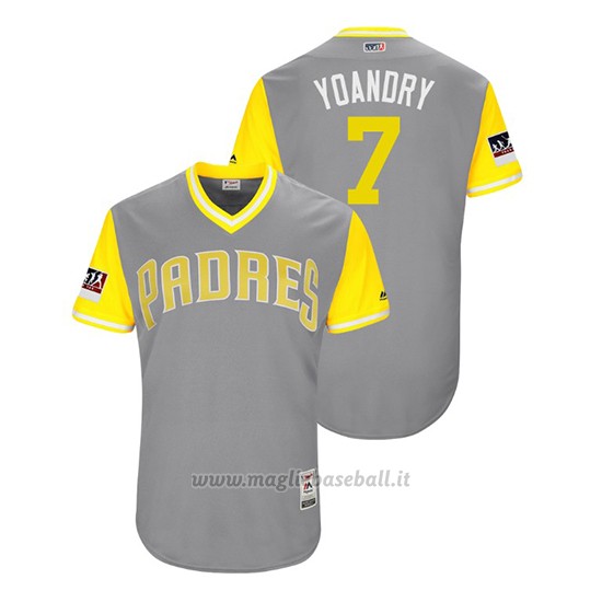 Maglia Baseball Uomo San Diego Padres Manuel Margot 2018 Llws Players Weekend Yoandry Grigio